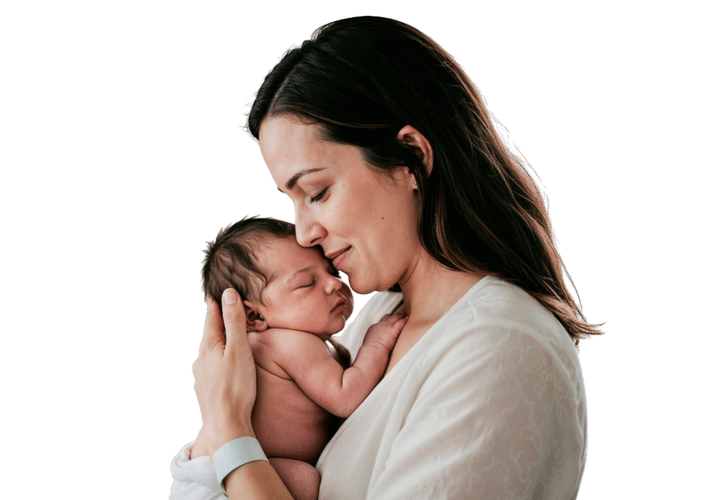 New mother gently holding her newborn baby after delivery at Eva WomanCare Clinic