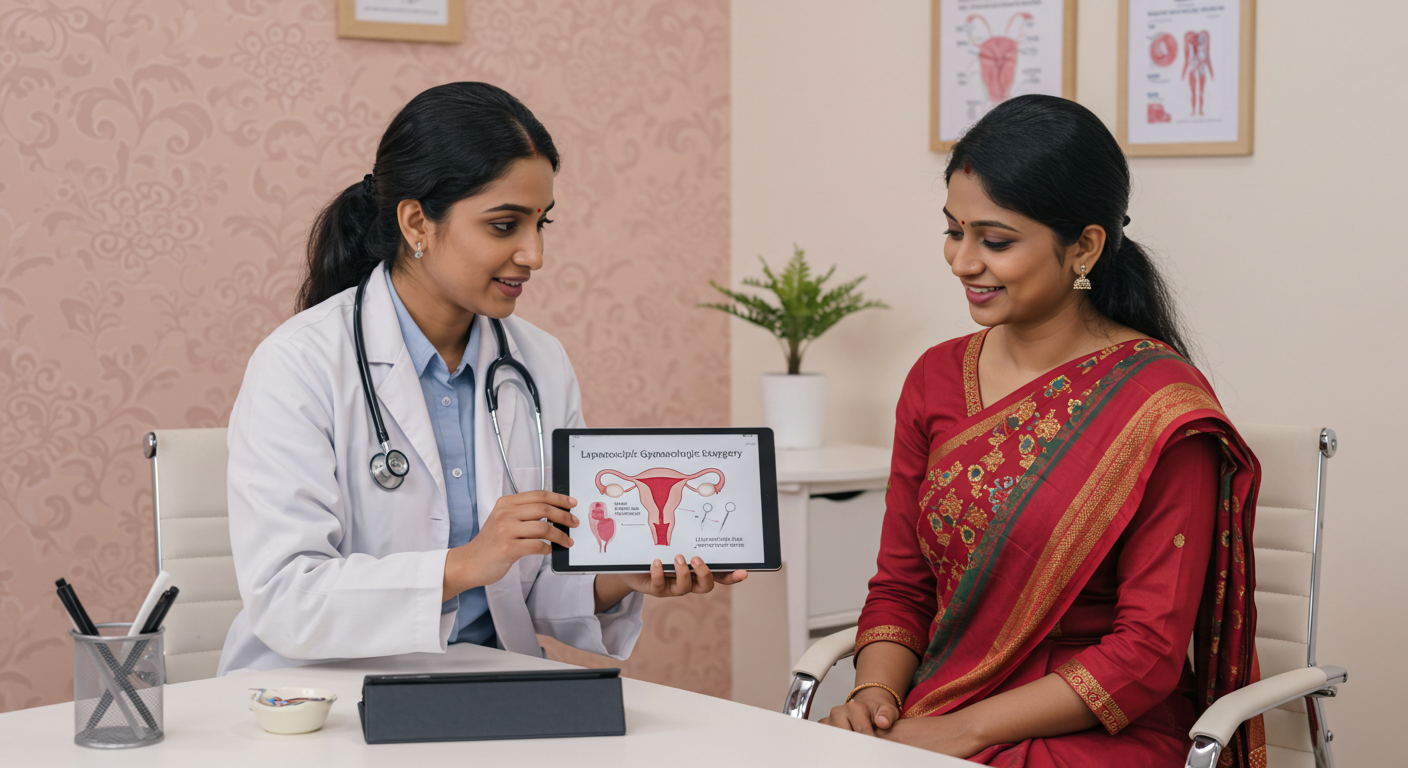 Illustration of gynecologist and patient discussing pregnancy scan