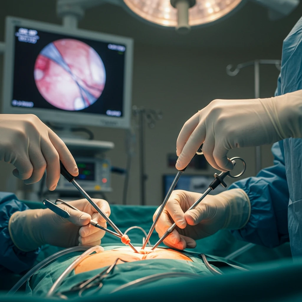 Surgeon performing laparoscopic surgery using advanced minimally invasive equipment.