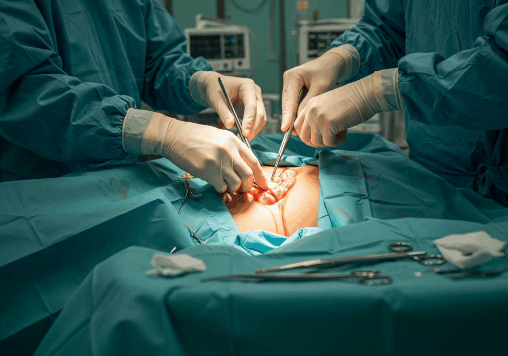 Surgeons performing a procedure in a sterile operating room environment.