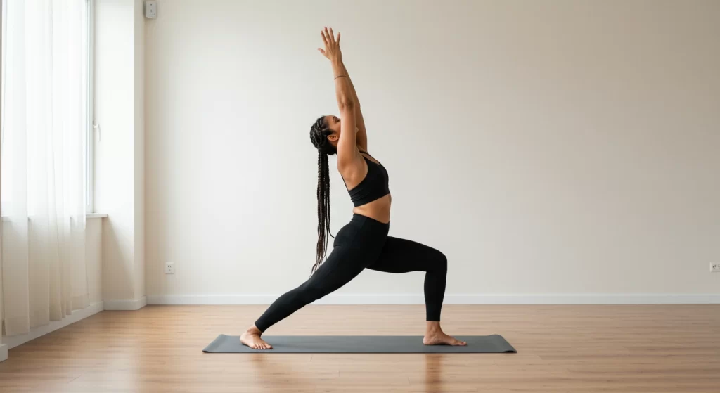 Woman practicing yoga in a sunlit room promoting wellness in Navi Mumbai.