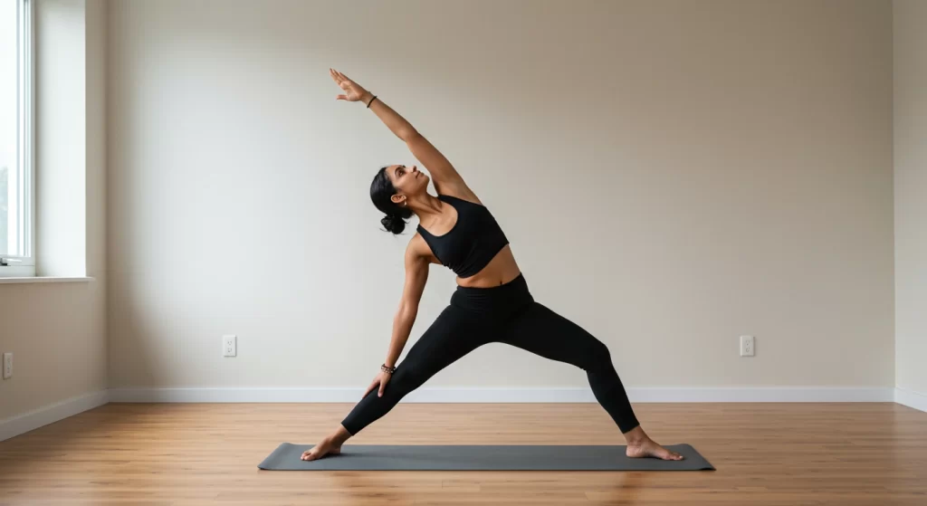 Woman practicing yoga in a serene room on a yoga mat.