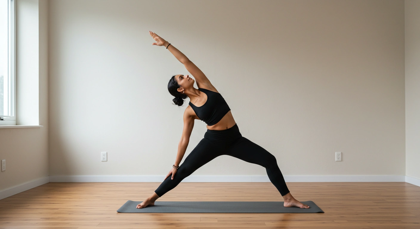 Woman practicing yoga in a serene room on a yoga mat.