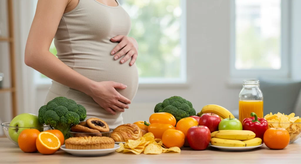 Pregnant woman holding her belly while standing beside a table filled with healthy foods, including fruits, vegetables, pastries, and snacks, with a bottle of juice.