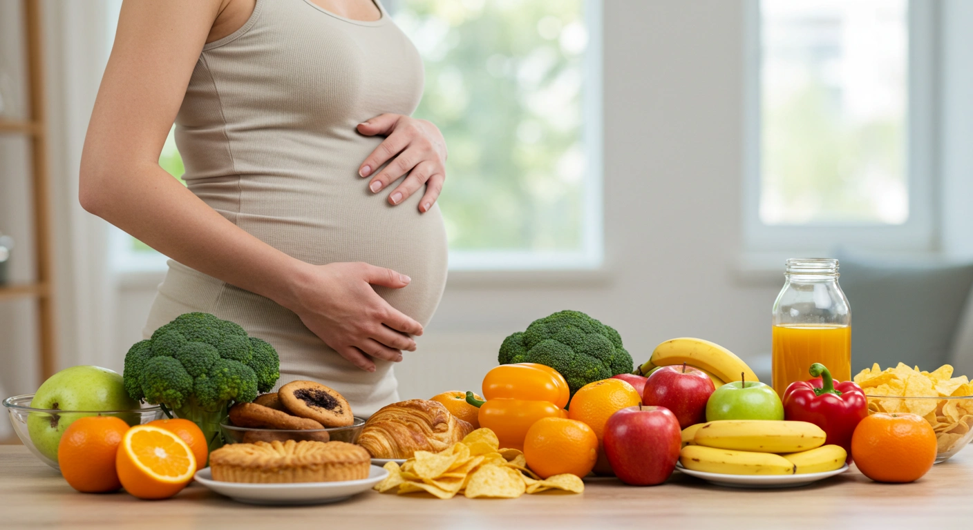 Pregnant woman holding her belly while standing beside a table filled with healthy foods, including fruits, vegetables, pastries, and snacks, with a bottle of juice.