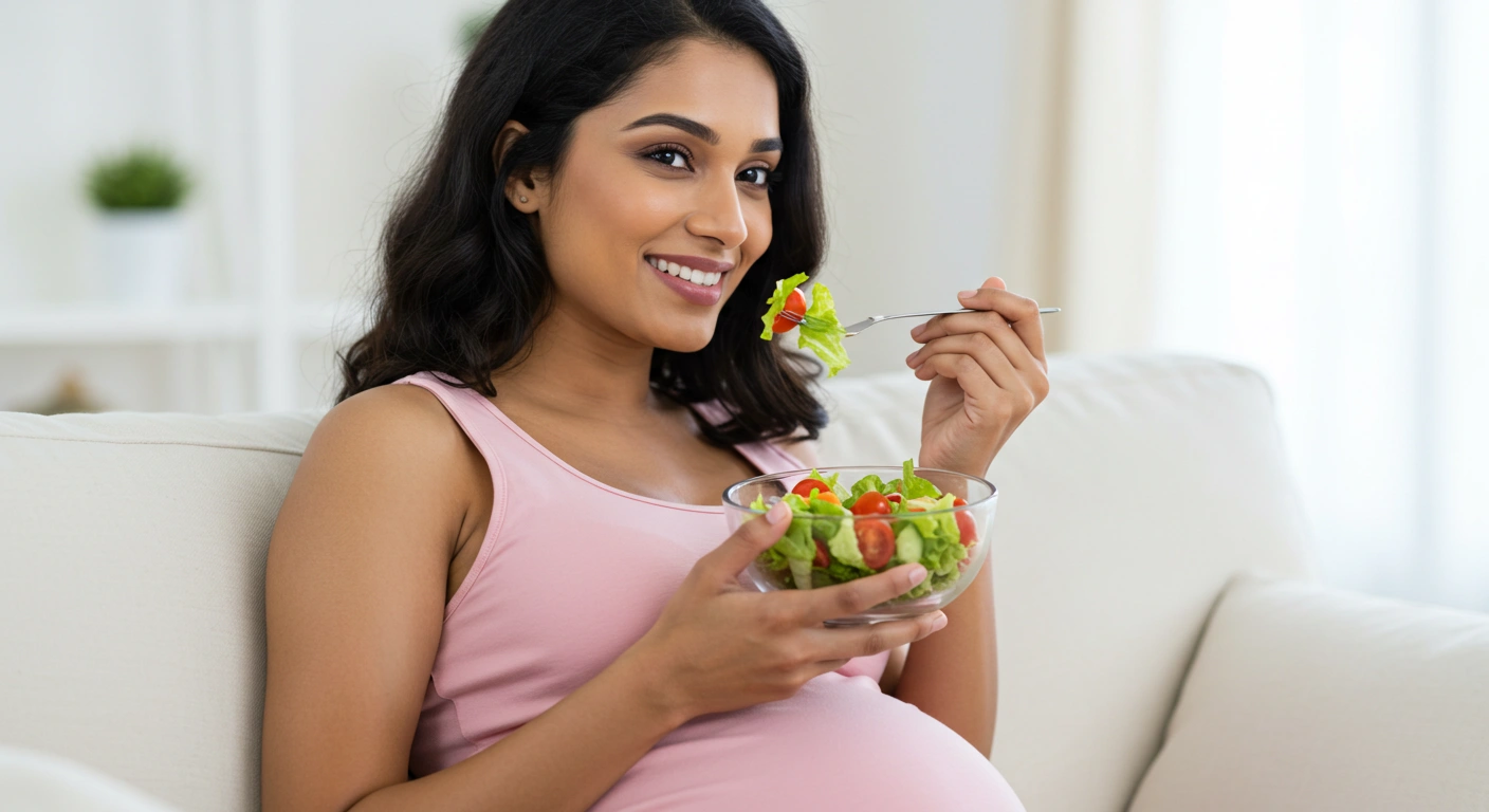 Pregnant woman smiling while enjoying a bowl of fresh salad, sitting comfortably on a couch in a well-lit room.
