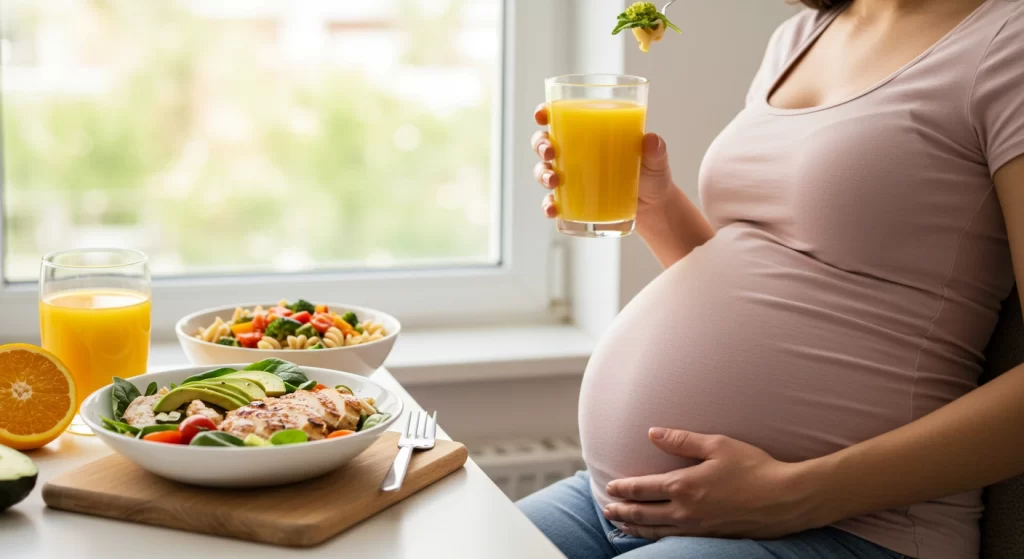 Pregnant woman enjoying a healthy meal with a salad and a glass of orange juice, sitting by a window.
