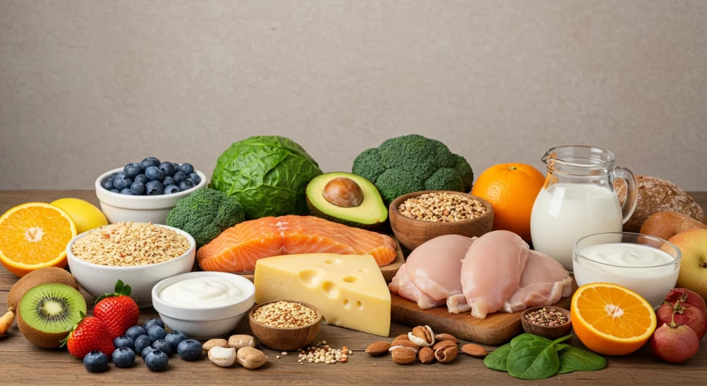 A variety of healthy foods including fruits, vegetables, dairy products, lean meats, and grains, arranged on a table, representing nutritious options for pregnancy.