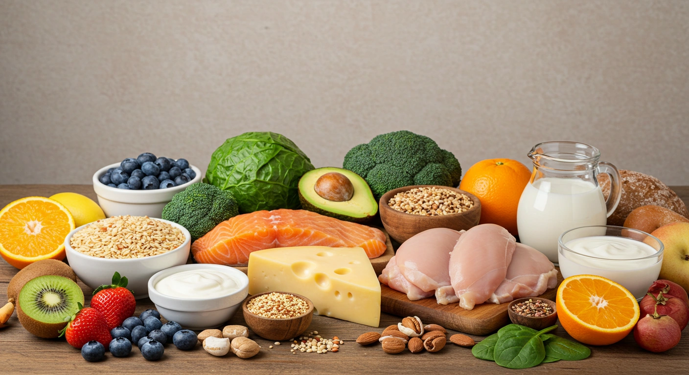 A variety of healthy foods including fruits, vegetables, dairy products, lean meats, and grains, arranged on a table, representing nutritious options for pregnancy.