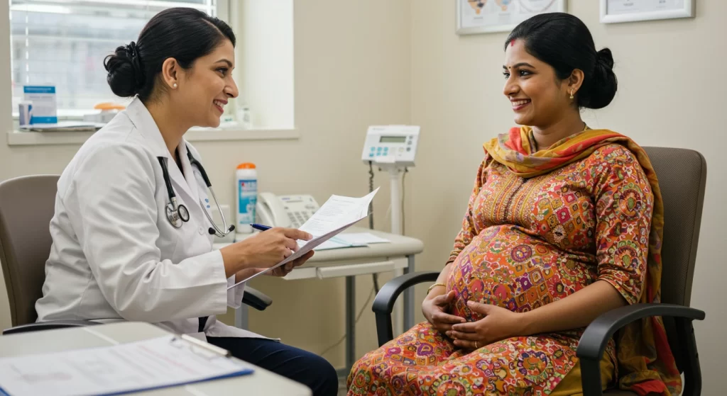 A doctor consults with a pregnant woman in a medical office setting.