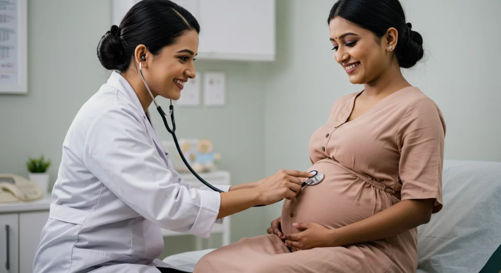 Doctor checking pregnant woman with a stethoscope at a clinic.
