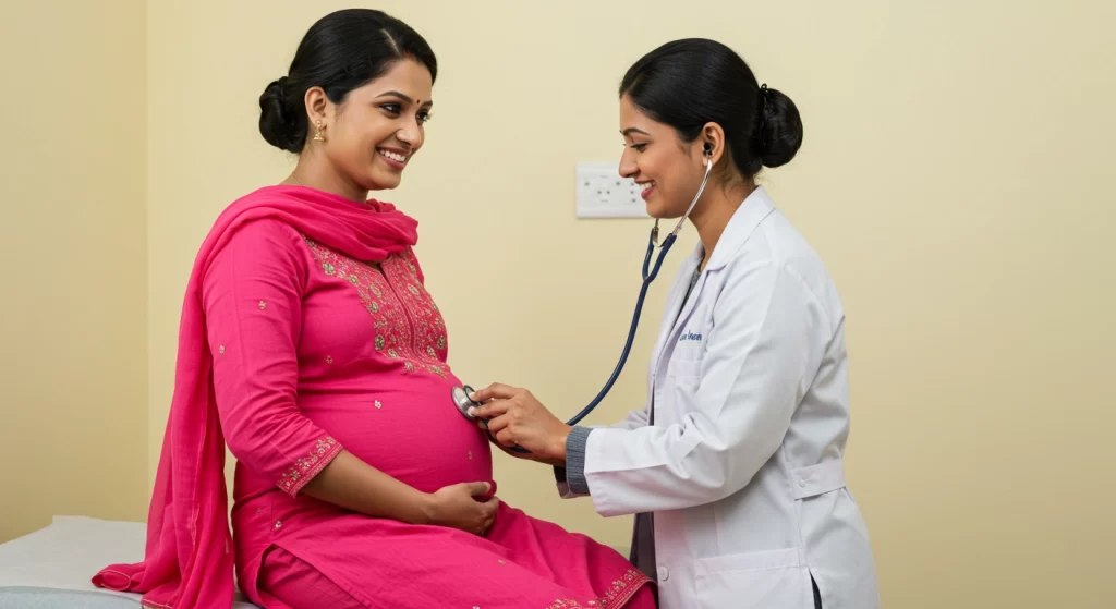 Doctor conducting prenatal checkup on smiling pregnant woman in clinic.