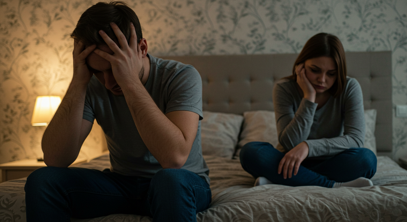 A couple sits on a bed looking concerned and contemplative in a dimly lit room.