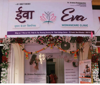 Eva WomanCare Clinic entrance in Vashi, Navi Mumbai, adorned with floral garlands.