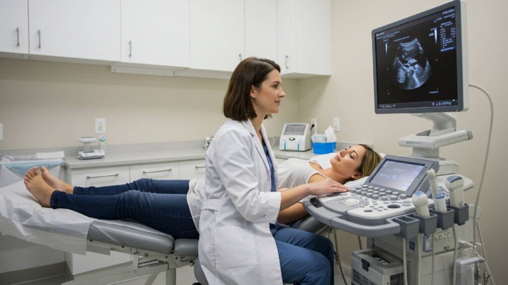 Doctor supporting a smiling pregnant woman during hospital visit