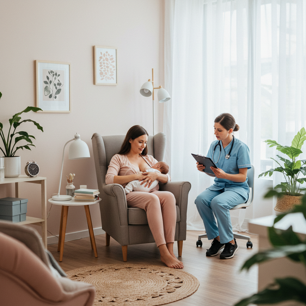 WomanCare consultant supports new mom in cozy Vashi clinic setting.