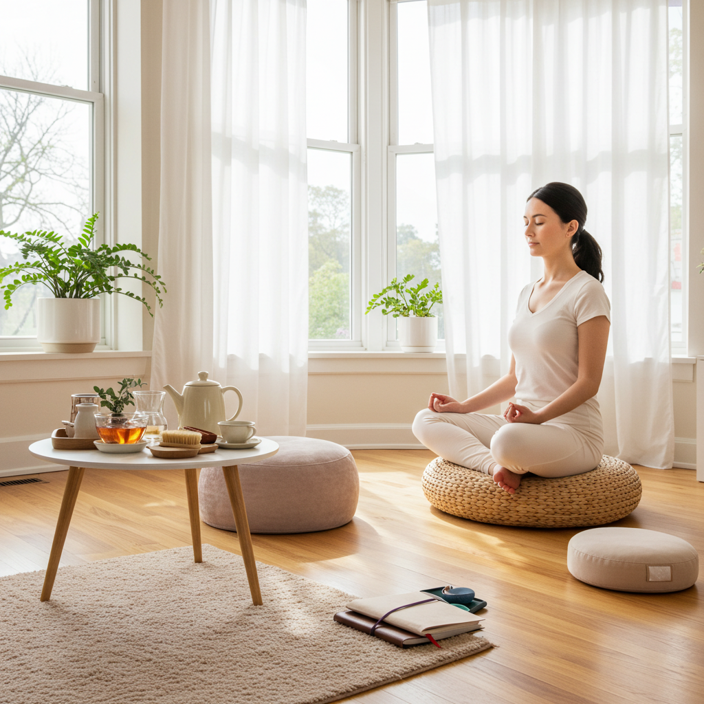 Woman meditating peacefully by a window in a bright and serene living room.