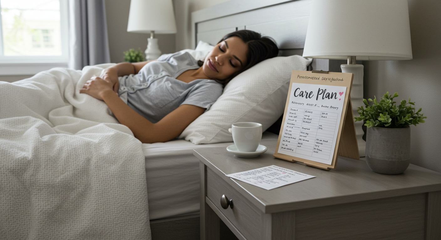 Woman peacefully rests in bed next to a personalized postpartum care plan.