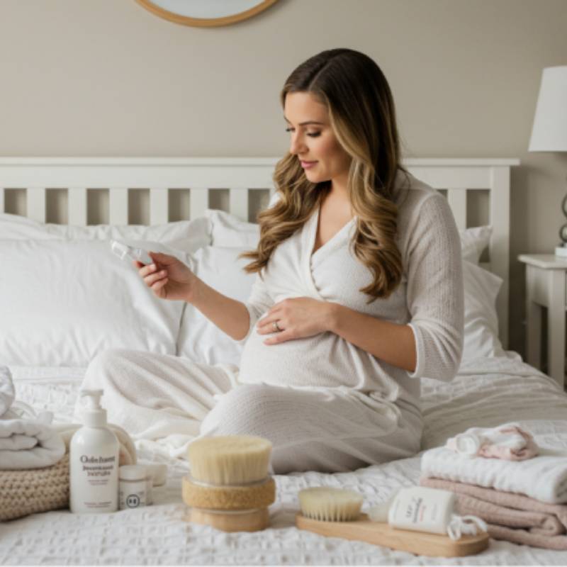 Pregnant woman relaxes on bed with maternity skincare products around her.