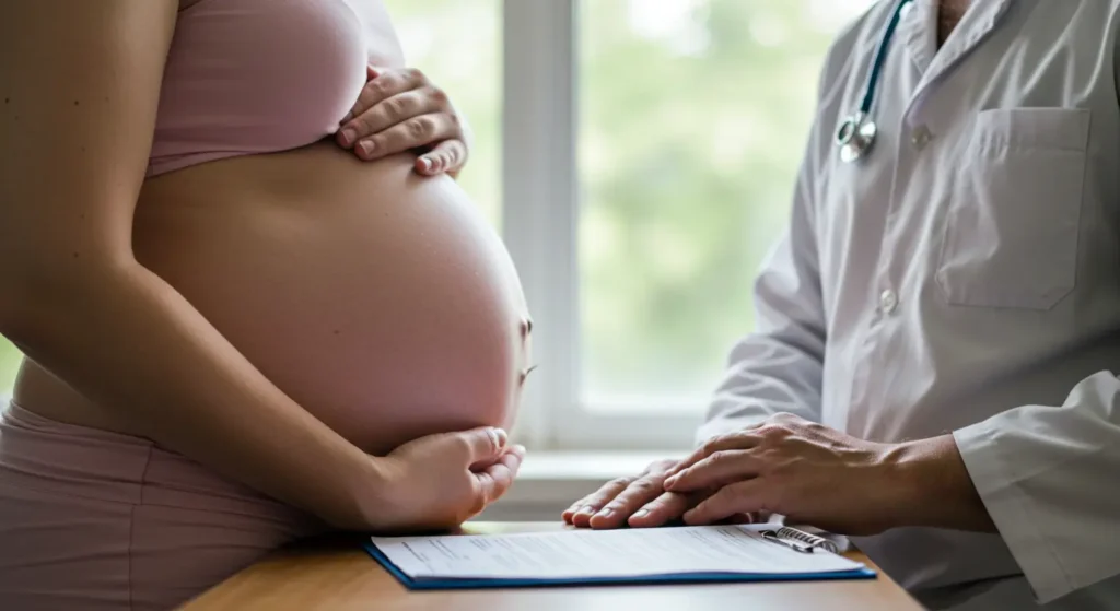 Doctor providing care to a pregnant woman in a clinical setting.