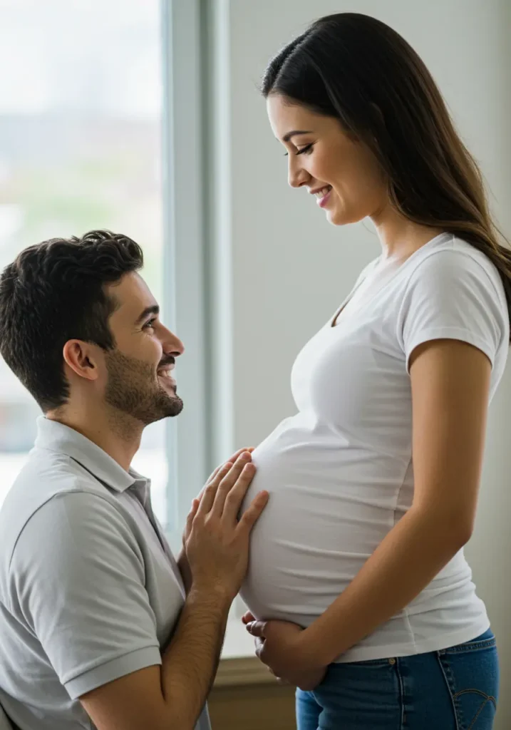A couple shares a joyful moment during pregnancy in a well-lit room.