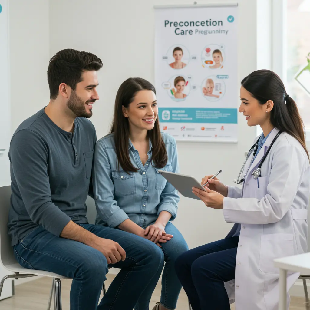 A couple consults a female doctor for preconception care advice.