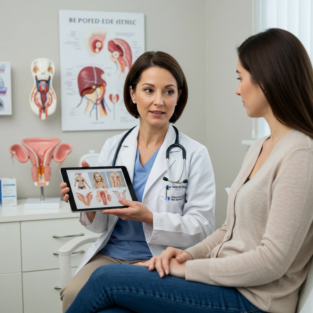 A doctor consults a woman using a tablet in a medical office.