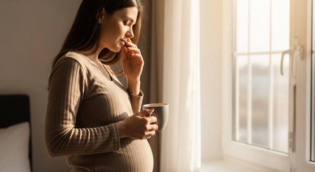 Pregnant woman holding a coffee mug by a sunlit window