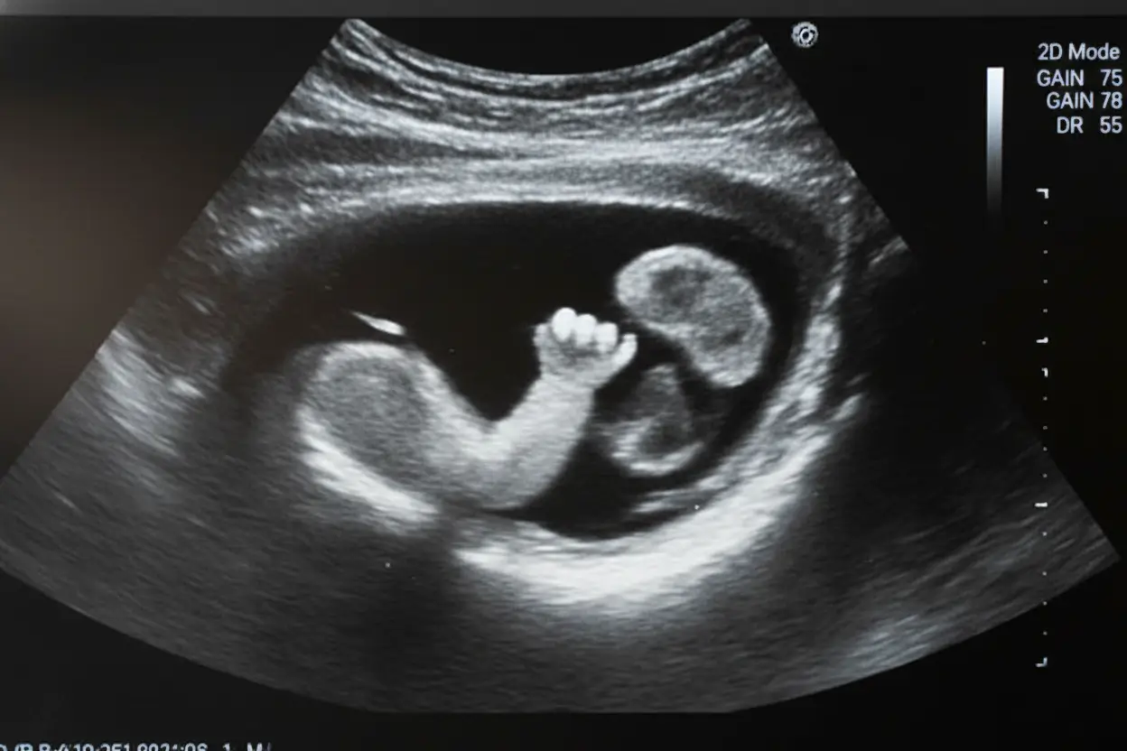 Ultrasound image showing a developing fetus inside the uterus during early pregnancy.