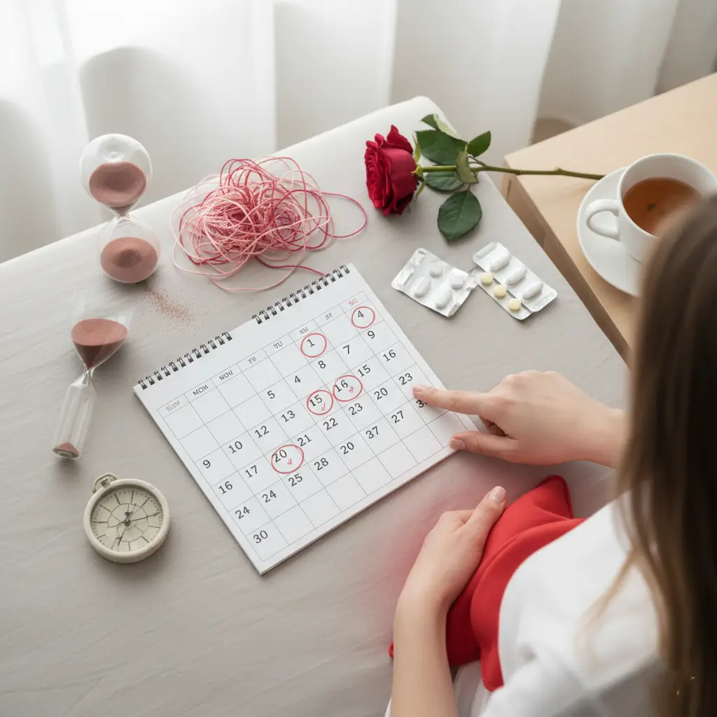 Woman tracking her menstrual cycle on a calendar with circled dates, holding a red hot water bottle, with pills, an hourglass, and a rose placed on the table nearby.