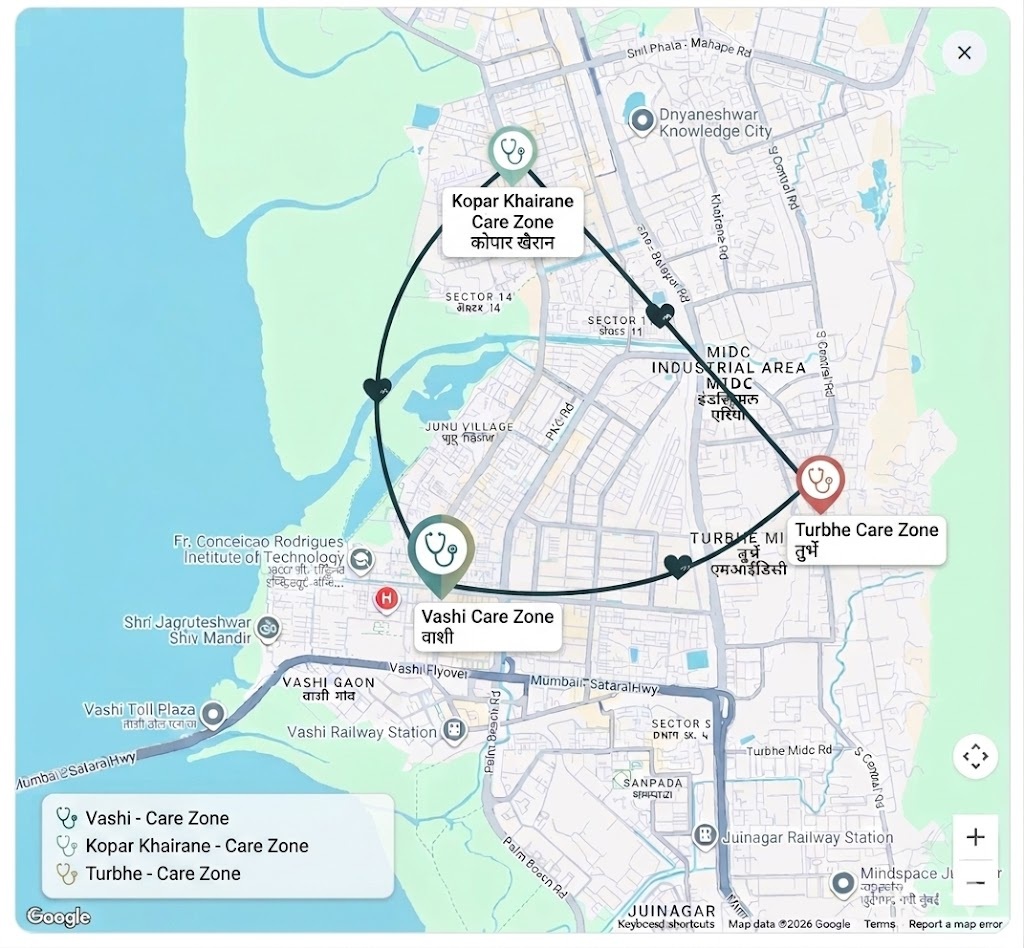 Eva WomanCare Clinic location map showing Vashi Kopar Khairane and Turbhe area